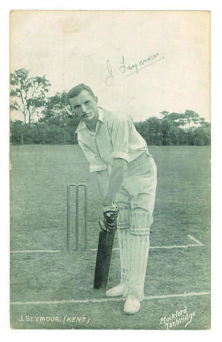 James Seymour. Kent 1902-1926. Mono printed postcard of Seymour, full length, in batting pose at the wicket. Signed in pencil by Seymour. Photo by Mockford, Tonbridge. Post marked 1908. Good condition