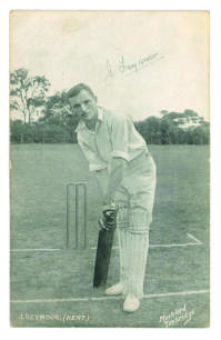 James Seymour. Kent 1902-1926. Mono printed postcard of Seymour, full length, in batting pose at the wicket. Signed in pencil by Seymour. Photo by Mockford, Tonbridge. Post marked 1908. Good condition