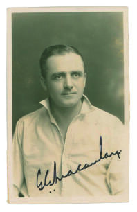 George Gibson Macaulay. Yorkshire & England 1920-1935. Excellent early mono real photograph postcard of a studio portrait of Macaulay, half length wearing cricket attire. Nicely signed in black ink to the photograph by Macaulay. Official stamp for M.V. Ri