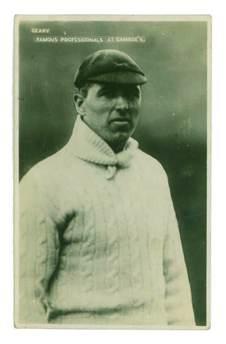 George Geary. Leicestershire & England 1912-1938. Mono real photograph advertising postcard entitled &lsquo;Famous Professionals at Gamage&rsquo;s&rsquo; showing Geary half length, wearing sweater and Leicestershire cap. Signed to verso by Geary, Tyldesley, Fred Root and G