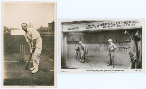 John Berry &lsquo;Jack&rsquo; Hobbs. Surrey & England 1905-1934. Sepia real photograph postcard of Hobbs standing full length in batting pose at the wicket. Nicely signed in blue ink to the photograph by Hobbs. Title &lsquo;JB Hobbs&rsquo; typed to lower margin. Publisher unknow