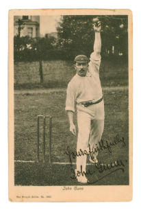 John Richmond Gunn. Nottinghamshire & England 1896-1925. Early printed postcard of Gunn, full length, in bowling pose at the wicket with ball in hand. Nicely signed &lsquo;&rsquo;Yours Faithfully John Gunn&rsquo;. Postally date stamped 1904 and addressed to Gunn with a req