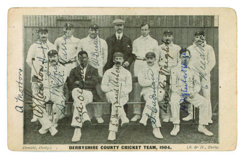 &lsquo;Derbyshire County Cricket Club 1904&rsquo;. Original printed mono postcard of team, standing and seated in rows. Title to lower border. Signed in ink by ten of the players featured and in addition by two players not on the image. Signatures are Ashcroft (Cpt),