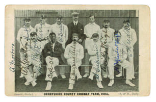 &lsquo;Derbyshire County Cricket Club 1904&rsquo;. Original printed mono postcard of team, standing and seated in rows. Title to lower border. Signed in ink by ten of the players featured and in addition by two players not on the image. Signatures are Ashcroft (Cpt),