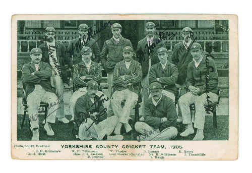 &lsquo;Yorkshire County Cricket Team 1905&rsquo;. Mono printed postcard of the 1905 Yorkshire team seated and standing in rows wearing blazers and caps. Nicely signed in ink to the postcard image by nine of the twelve featured players. The signatures are Grimshaw, Wi