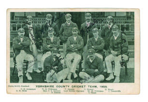 &lsquo;Yorkshire County Cricket Team 1905&rsquo;. Mono printed postcard of the 1905 Yorkshire team seated and standing in rows wearing blazers and caps. Nicely signed in ink to the postcard image by nine of the twelve featured players. The signatures are Grimshaw, Wi