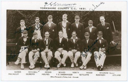 &lsquo;Yorkshire County C.C. 1931&rsquo;. Official sepia real photograph postcard of the Yorkshire team seated and standing in rows wearing cricket attire and blazers, some caps. Nicely signed in black ink to the photograph by nine players. Signatures are Greenwood, 