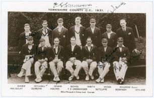 &lsquo;Yorkshire County C.C. 1931&rsquo;. Official sepia real photograph postcard of the Yorkshire team seated and standing in rows wearing cricket attire and blazers, some caps. Nicely signed in black ink to the photograph by nine players. Signatures are Greenwood, 