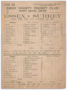 &lsquo;Essex v. Surrey&rsquo; 1891. Early original single-sided scorecard for the match played at Leyton, 30th July- 1st August 1891. The scorecard with complete printed and handwritten scores in pencil for the rain affected drawn match in which Surrey scored 126 and