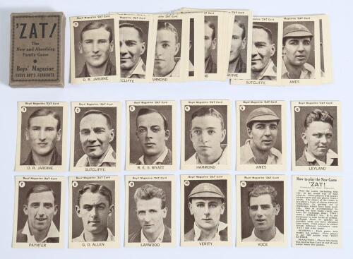 &lsquo;Bodyline&rsquo;. Boys Magazine &lsquo;ZAT!&rsquo; cricketer cards 1933. Medium size, plain blue backs. Four full sets of eleven cards, each numbered, comprising the full pack of cards contained in original card box with instruction card for the game. Players featured are 
