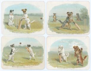 Victorian dogs playing cricket. Four attractive colour Victorian single sided Christmas cards, each depicting dogs playing cricket with caption to lower edge. Titles are &lsquo;A Season of delight with nought to stop it&rsquo;, &lsquo;A prosperous New Year! Go in and win!&rsquo;