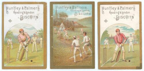 Huntley & Palmers Biscuits 1878. Three original colour Victorian advertising cards with gold borders, each depicting a different cricket scene, titled &lsquo;Huntley & Palmers Biscuits, Reading & London&rsquo;. To verso, printed details of the company&rsquo;s product range