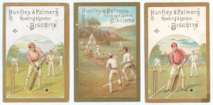 Huntley & Palmers Biscuits 1878. Three original colour Victorian advertising cards with gold borders, each depicting a different cricket scene, titled &lsquo;Huntley & Palmers Biscuits, Reading & London&rsquo;. To verso, printed details of the company&rsquo;s product range