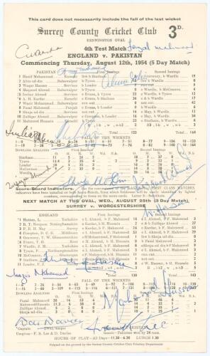 Pakistan v England, 5th Test, The Oval 1954. Official scorecard for the fourth (final) Test match played 12th- 17th August 1954. The scorecard with complete printed scores for the match in which Pakistan (133 & 164) beat England (130 & 143) by 24 runs. Si
