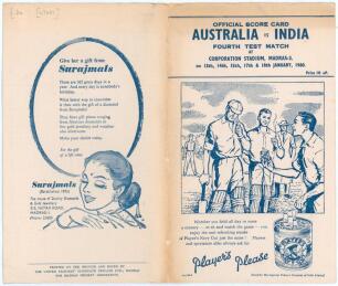 Australia tour to India and Pakistan 1959/60. Official folding scorecard for the 4th Test played at the Corporation Stadium, Madras, 13th- 17th January 1960. The scorecard with complete printed scores in the match which Australia (342) beat India (149 & 1