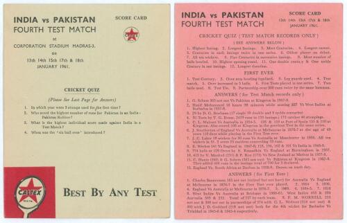 Pakistan tour to India 1960/61. Two original folding scorecards for the fourth Test, India v Pakistan, at Madras, 13th- 18th January 1961. Both scorecards produced by Supreme Sports for Caltex (India) Ltd. of Madras, each featuring a cricket quiz to the f