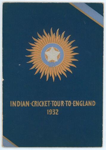 &lsquo;Indian Cricket Tour To England 1932&rsquo;. Large official pre tour brochure produced by the Board of Control for Cricket in India, New Delhi. Printed by The Times of India Press, Bombay 1932. 48pp. Original decorative covers. Minor wear to wrapper edges, foxi