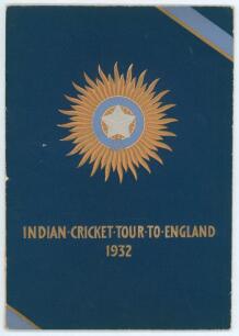 &lsquo;Indian Cricket Tour To England 1932&rsquo;. Large official pre tour brochure produced by the Board of Control for Cricket in India, New Delhi. Printed by The Times of India Press, Bombay 1932. 48pp. Original decorative covers. Minor wear to wrapper edges, foxi