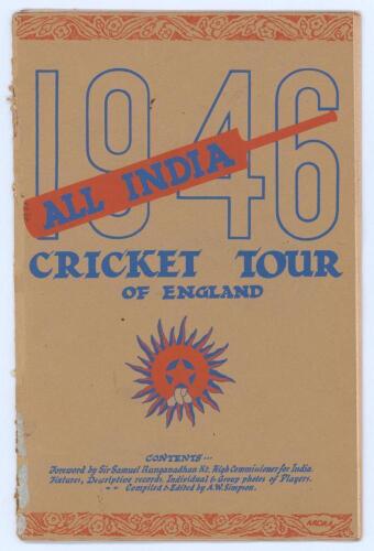 &lsquo;All India Cricket Tour of England 1946&rsquo;. Official souvenir brochure for the Indian tour of England. Edited by A.W. Simpson. Pictorial covers. The ink signatures on paper pieces laid down to inside pen profile pictures by all sixteen members of the Indian