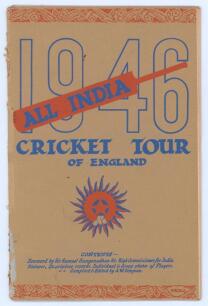 &lsquo;All India Cricket Tour of England 1946&rsquo;. Official souvenir brochure for the Indian tour of England. Edited by A.W. Simpson. Pictorial covers. The ink signatures on paper pieces laid down to inside pen profile pictures by all sixteen members of the Indian