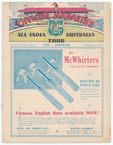 All India tour of Australia 1947/48. &lsquo;Official Magazine: All India Australia Tour 1947-48&rsquo;. Official programme for the Queensland v India tour match played at Brisbane on the 21st November 1947 with pen portraits of the players and tour articles. Queensla