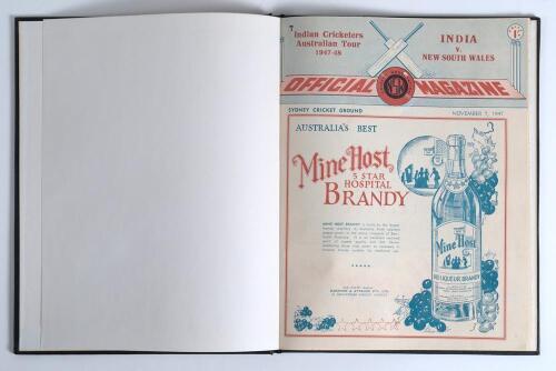 First Indian tour of Australia 1947/48. Official programme for the tour match, New South Wales v India, played at the Sydney Cricket Ground on the 7th-11th November 1947. Excellent colourful covers. Bound in black boards with gilt title to spine. A rarer 