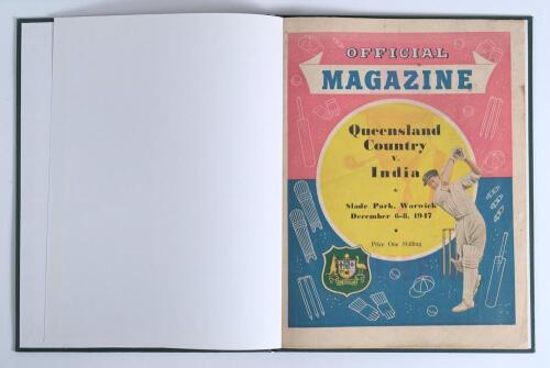 First Indian tour of Australia 1947/48. Official programme for the tour match, Queensland Country v India, played at Slade Park, Warwick on the 6th-8th December 1947. Excellent colourful covers. Bound in green boards with gilt title to front board. A rare