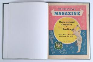 First Indian tour of Australia 1947/48. Official programme for the tour match, Queensland Country v India, played at Slade Park, Warwick on the 6th-8th December 1947. Excellent colourful covers. Bound in green boards with gilt title to front board. A rare