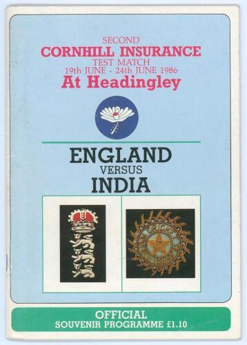 England v India, Headingley 1986. Official programme for the second Test match played on the 19th-24th July 1986. Signed by the England and Indian teams. Signatures include Gatting, Dilley, Gooch, French, Lamb, Gower, Lever, Kapil Dev, Shastri, Azharuddin