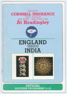 England v India, Headingley 1986. Official programme for the second Test match played on the 19th-24th July 1986. Signed by the England and Indian teams. Signatures include Gatting, Dilley, Gooch, French, Lamb, Gower, Lever, Kapil Dev, Shastri, Azharuddin