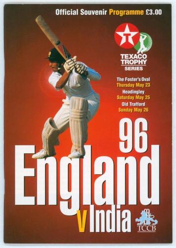 England v India 1996. Official programme for the three match one day series played in May 1996. Signed by the Indian Squad to their pen pictures. Sixteen signatures including Azharuddin, Tendulkar, Binny, Dravid, Ganguly, Hirwani, Kumble, Manjrekar, Mongi