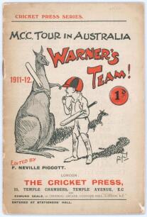 M.C.C. tour to Australia 1911/12. &lsquo;M.C.C. Tour in Australia. Warner&rsquo;s Team! 1911-12&rsquo;. Edited by F. Neville Piggott. The Cricket Press, London 1912. Original pictorial wrappers. Post-tour booklet comprising portraits of Warner, Douglas and Hobbs, biographi