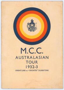 Bodyline. M.C.C. tour to Australia and New Zealand 1932/33. &lsquo;M.C.C. Australasian Tour 1932-3&rsquo;. Official 16pp Orient Line &lsquo;S.S. Orontes&rsquo; brochure for the tour. Original card wrappers with pictorial front cover decorated with M.C.C. colours and titles. Team