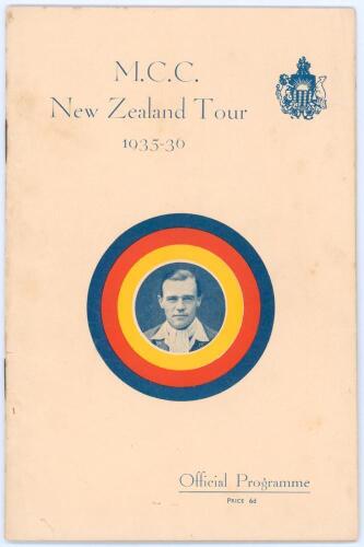M.C.C. tour to Australia and New Zealand 1935/36. &lsquo;M.C.C. New Zealand Tour 1935-36&rsquo;. Official souvenir programme issued by the Wellington Cricket Association for the tour match, M.C.C. v Wellington at Basin Reserve, 20th- 23rd December 1935. 32pp in origi