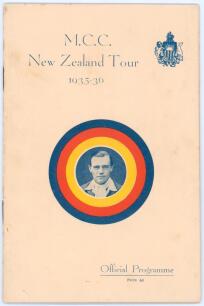M.C.C. tour to Australia and New Zealand 1935/36. &lsquo;M.C.C. New Zealand Tour 1935-36&rsquo;. Official souvenir programme issued by the Wellington Cricket Association for the tour match, M.C.C. v Wellington at Basin Reserve, 20th- 23rd December 1935. 32pp in origi