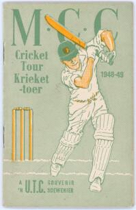 M.C.C. tour to South Africa 1948/49. Issued by the United Tobacco Co. Cape Town 1948. 32pp. Very small pre tour booklet comprising pen pictures, map, fixtures etc. Original decorative colour paper wrappers. Text in both English and Africaans. Very nicely 