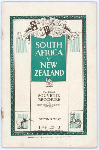 South Africa tour to New Zealand 1931/32. &lsquo;South Africa v New Zealand. Second Test 1932&rsquo;. Official 32pp souvenir brochure/ programme issued by the New Zealand Cricket Council with original decorative paper wrappers. This is an updated version of the broch