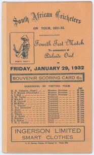 South Africa tour to Australia 1931/32. &lsquo;South African Cricketers on Tour 1931-32&rsquo;. 12pp scorecard for the 4th Test, Adelaide, 29th January- 2nd February 1932. Printed by G.H. Baring of Adelaide. Printed title and list of the South African touring party t