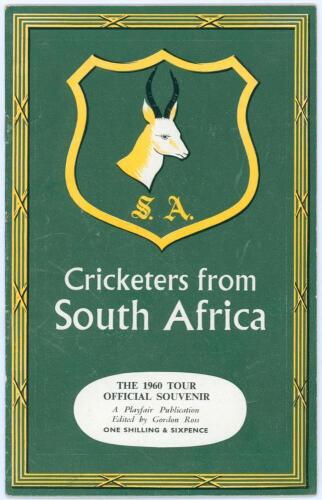 South Africa tour to England 1960. &lsquo;Cricketers from South Africa&rsquo; 1960. Official souvenir tour programme by Playfair, edited by Gordon Ross. Fully and nicely signed in ink to pen pictures by all sixteen members of the touring party. Signatures are McGlew 