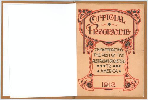 Australia tour to North America 1913. &lsquo;Official Programme commemorating the Visit of the Australian Cricketers to America 1913&rsquo;. Official 8pp pre-tour brochure bound in modern brown cloth with title in red to front cover, original decorative card wrappers