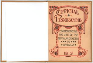 Australia tour to North America 1913. &lsquo;Official Programme commemorating the Visit of the Australian Cricketers to America 1913&rsquo;. Official 8pp pre-tour brochure bound in modern brown cloth with title in red to front cover, original decorative card wrappers