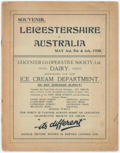 Australia tour to England 1930. &lsquo;Souvenir. Leicestershire v. Australia May 3rd, 5th & 6th, 1930&rsquo;. Large 12pp souvenir brochure published by Leicestershire C.C.C. for the tour match played at Aylestone Road, Leicester. Bound in original pale green card wra