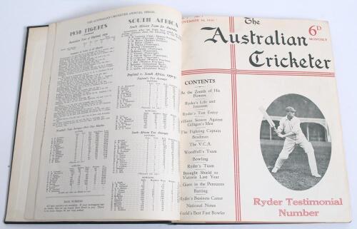 &lsquo;The Australian Cricketer 1930-33&rsquo;. Complete run of issues and annuals bound together as one volume in dark green cloth, gilt title to spine, the majority of original wrappers retained. Pages checked, appear complete. Contents comprise the 4pp &lsquo;Annual 193