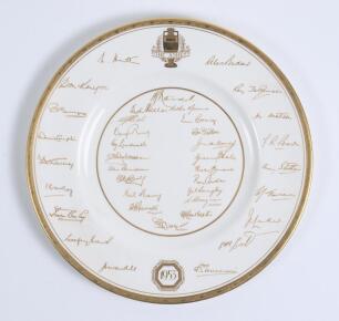The Ashes&rsquo; England v Australia 1953. Magnificent Royal Worcester bone china plate produced by the factory to commemorate the Ashes series in England 1953. The plate bears the printed signatures in gold of the England and the Australian touring teams plus 