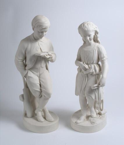 &lsquo;Young England&rsquo; and &lsquo;Young England&rsquo;s Sister&rsquo;. Excellent pair of Copeland parian figures, after C. Halse 1874. Excellent figures, the boy leaning against a tree stump, the boy with cricket bat and reading a book, the girl with book and croquet mallet behin