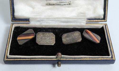 Cecil Geoffrey Howard. Middlesex 1930 (3 matches). M.C.C. tour to Pakistan 1955-56. A pair of silver gilt cufflinks with enamel decoration in M.C.C. colours in diagonal bands, presented to Howard as Manager of the tour. Each cufflink engraved &lsquo;C.G.H. Paki