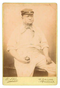 Charles Absolon. Excellent original sepia cabinet card photograph of Absolon seated, wearing cricket attire and cap holding a cricket ball. Photograph by W.S. Proe of Peckham, London. Advertising for Proe to verso. The card measures 4.25&rdquo;x6.5&rdquo;. Odd minor 