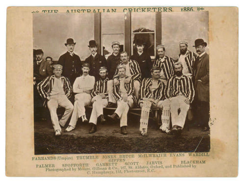 &lsquo;The Australian Cricketers 1886&rsquo;. Original cabinet card photograph of the team, seated and standing in rows, wearing caps and blazer, which toured England in 1886, with title &lsquo;The Australian Cricketers 1886&rsquo; to top and players names printed to lower borde