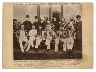 &lsquo;The Australian Cricketers 1886&rsquo;. Original cabinet card photograph of the team, seated and standing in rows, wearing caps and blazer, which toured England in 1886, with title &lsquo;The Australian Cricketers 1886&rsquo; to top and players names printed to lower borde