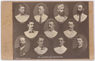 Australia tour to England 1884. Early original carte de visite sized photograph depicting eleven members of the Australian touring party, each player in vignette, on a dark background. Printed title &lsquo;The Australian Cricketers&rsquo; to lower edge and players&rsquo; n